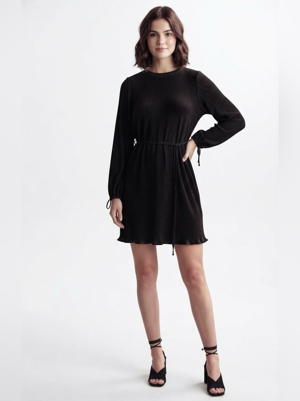 ASOS Design Long-Sleeve Black Pleated Mini Dress with Tie Cuffs